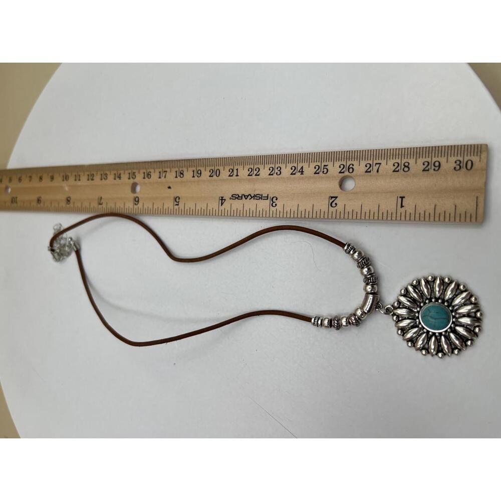 Southwest Silver and Turquoise Sunburst Pendant Necklace on Brown Cord - Picture 4 of 7